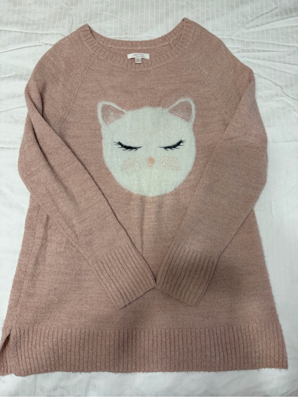 LC Lauren Conrad Blush Pink Crewneck Sweater with White Cat Motif